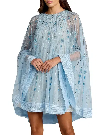 Mac Duggal Women's Embellished Lace A-Line Trapeze Minidress - Powder Blue Beige - Size XL | Thumbnail 1