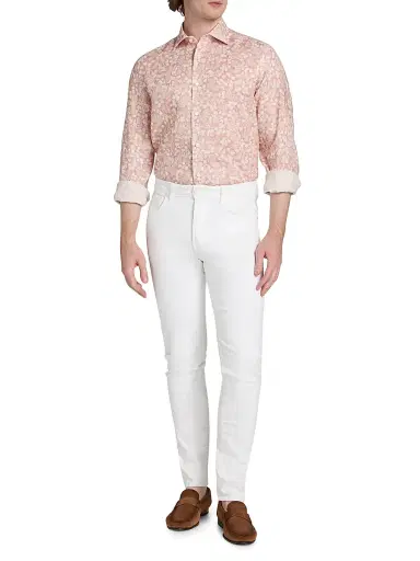 Saks Fifth Avenue Men's COLLECTION Leaf-Print Linen Button-Front Shirt - Pink - Size XXL | Thumbnail 2