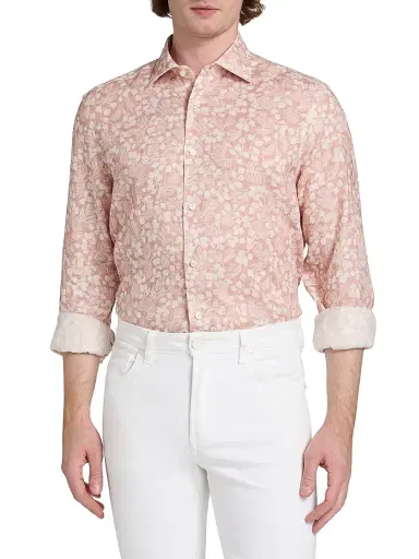 Saks Fifth Avenue Men's COLLECTION Leaf-Print Linen Button-Front Shirt - Pink - Size XXL | Thumbnail 3