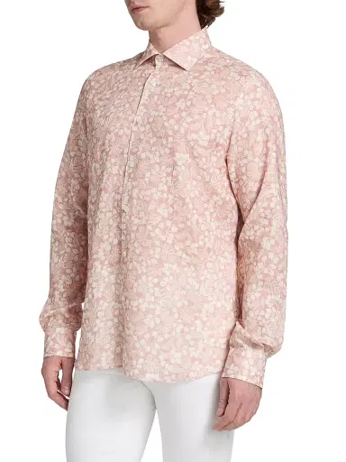 Saks Fifth Avenue Men's COLLECTION Leaf-Print Linen Button-Front Shirt - Pink - Size XXL | Thumbnail 4
