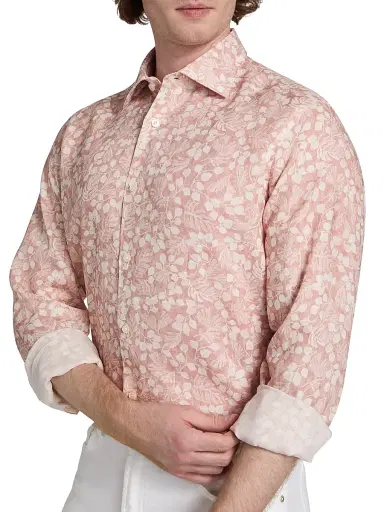 Saks Fifth Avenue Men's COLLECTION Leaf-Print Linen Button-Front Shirt - Pink - Size XXL | Thumbnail 6