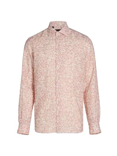 Saks Fifth Avenue Men's COLLECTION Leaf-Print Linen Button-Front Shirt - Pink - Size XXL | Thumbnail 1