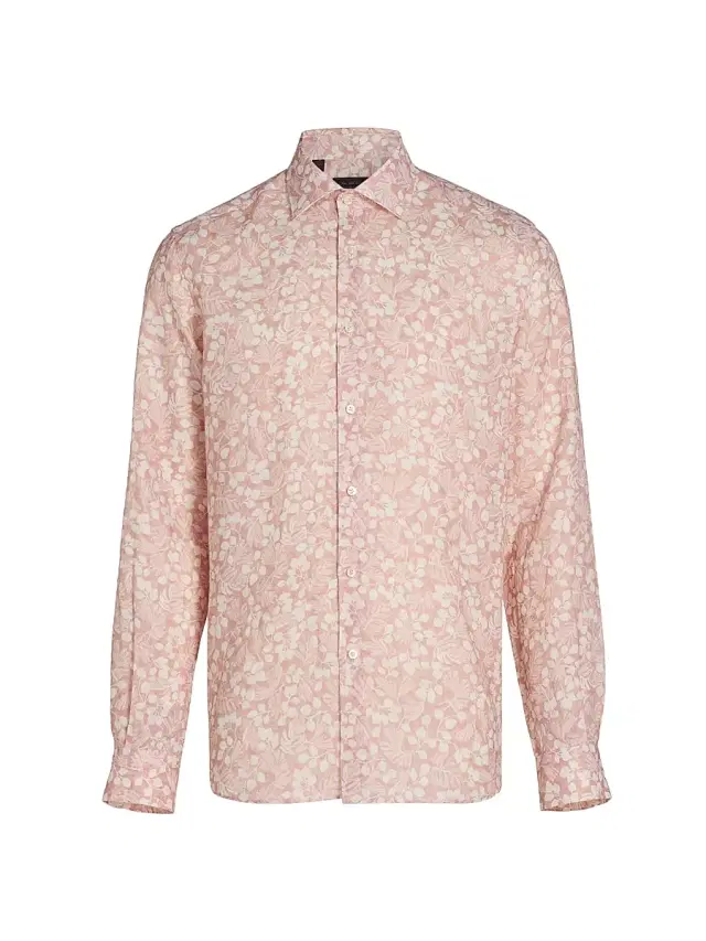 Men's COLLECTION Leaf-Print Linen Button-Front Shirt - Pink