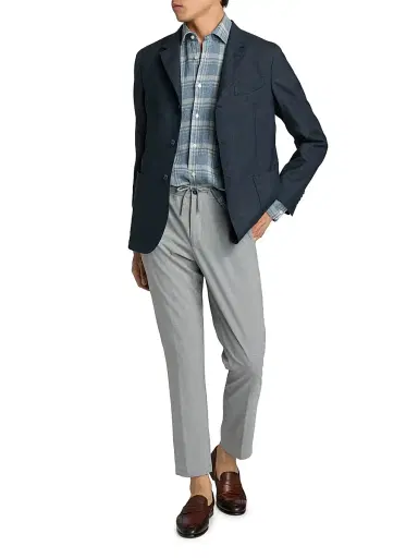 Saks Fifth Avenue Men's Plaid Linen Button-Front Shirt - Blue Beige - Size XXL | Thumbnail 2
