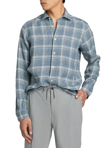 Saks Fifth Avenue Men's Plaid Linen Button-Front Shirt - Blue Beige - Size XXL | Thumbnail 3