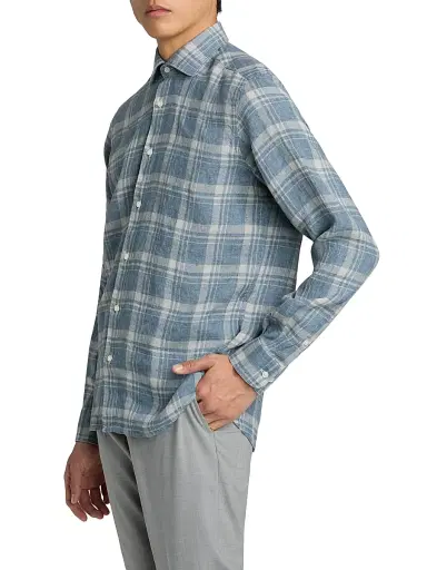 Saks Fifth Avenue Men's Plaid Linen Button-Front Shirt - Blue Beige - Size XXL | Thumbnail 4