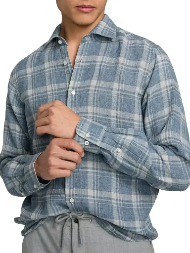 Saks Fifth Avenue Men's Plaid Linen Button-Front Shirt - Blue Beige - Size XXL | Thumbnail 6