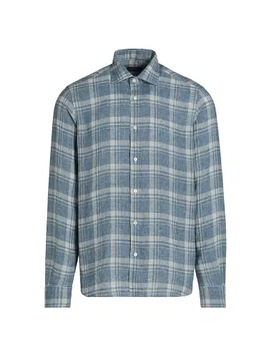 Saks Fifth Avenue Men's Plaid Linen Button-Front Shirt - Blue Beige - Size XXL | Thumbnail 1