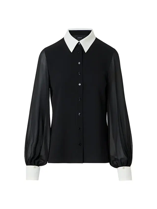 Women's Contrast-Collar Silk Georgette Blouse - Black Ecru Women's Contrast-Collar Silk Georgette Blouse - Black Ecru