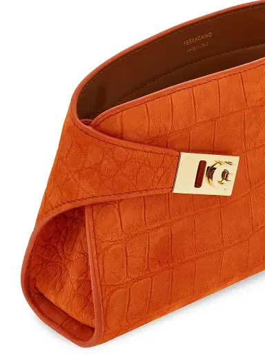 FERRAGAMO Women's Hug Gancini Croc-Embossed Suede Convertible Clutch - Light Siena | Thumbnail 6