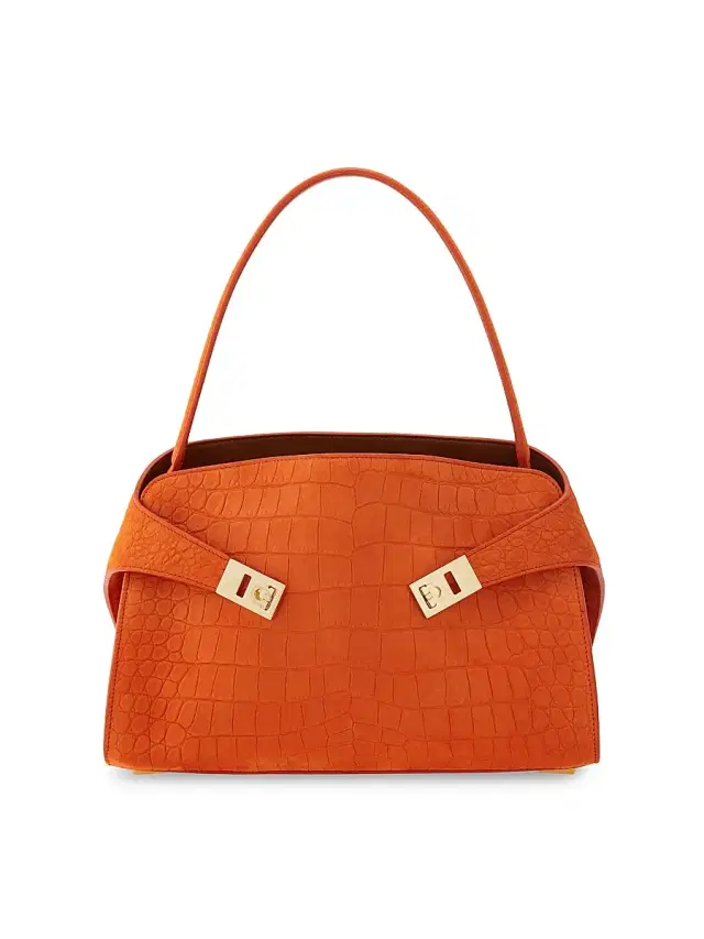 FERRAGAMO Women's Hug Gancini Croc-Embossed Suede Top Handle Bag - Light Siena