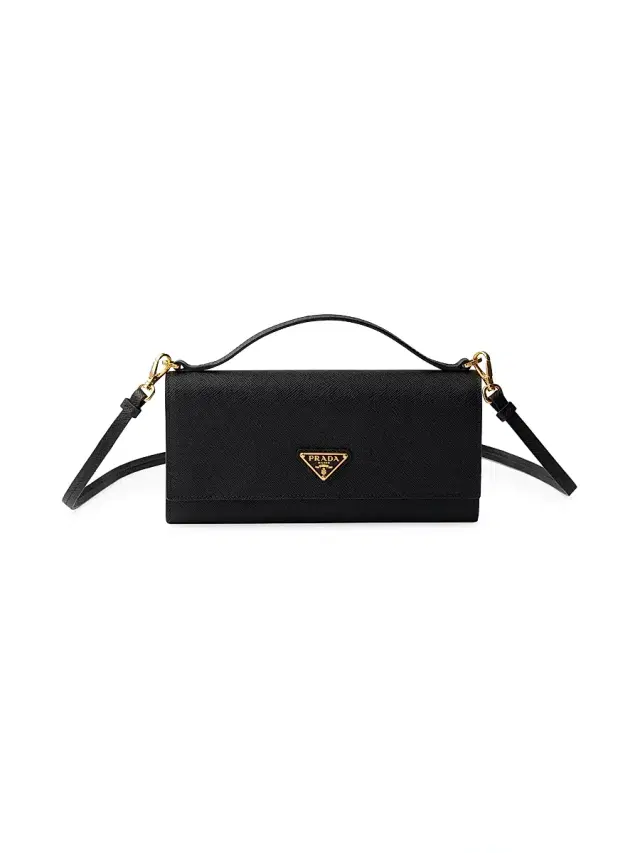 Women's Saffiano Leather Wallet with Shoulder Strap - Black