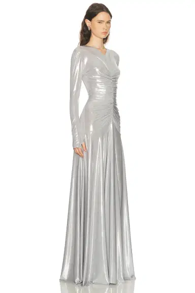 Norma Kamali Long Sleeve V Neck Shirred Front Flared Gown | Thumbnail 2