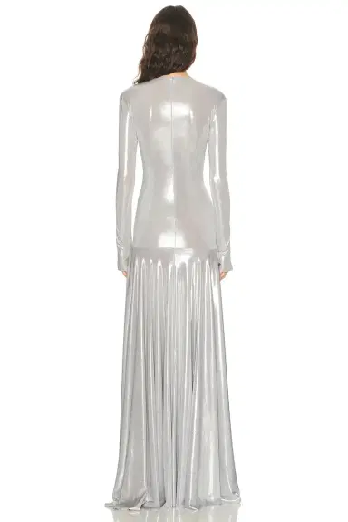 Norma Kamali Long Sleeve V Neck Shirred Front Flared Gown | Thumbnail 3