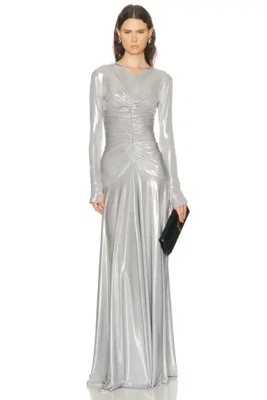 Norma Kamali Long Sleeve V Neck Shirred Front Flared Gown | Thumbnail 1