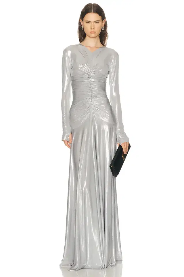 Norma Kamali Long Sleeve V Neck Shirred Front Flared Gown