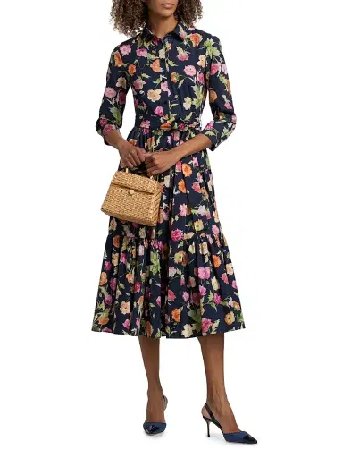 Carolina Herrera Women's Poppy-Print Tiered Midi-Shirtdress - Midnight Multi - Size 12 | Thumbnail 2 Carolina Herrera Women's Poppy-Print Tiered Midi-Shirtdress - Midnight Multi - Size 12 | Thumbnail 2