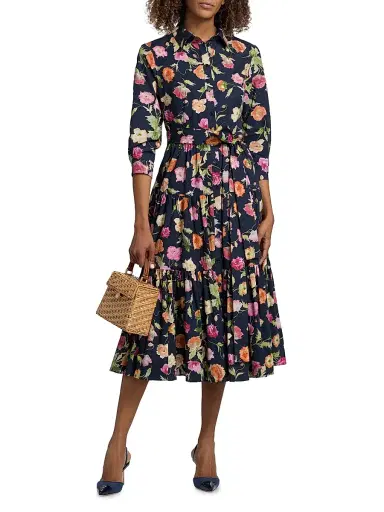 Carolina Herrera Women's Poppy-Print Tiered Midi-Shirtdress - Midnight Multi - Size 12 | Thumbnail 3 Carolina Herrera Women's Poppy-Print Tiered Midi-Shirtdress - Midnight Multi - Size 12 | Thumbnail 3