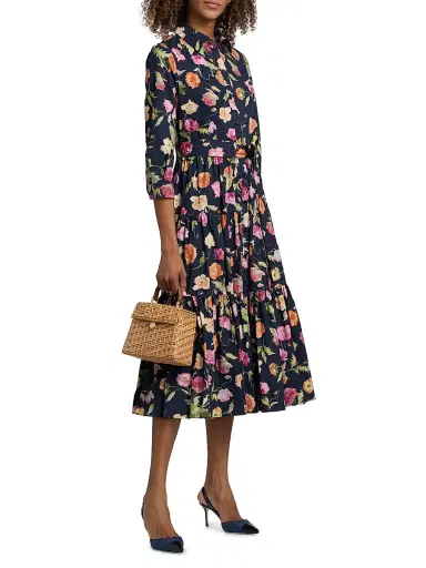 Carolina Herrera Women's Poppy-Print Tiered Midi-Shirtdress - Midnight Multi - Size 12 | Thumbnail 4 Carolina Herrera Women's Poppy-Print Tiered Midi-Shirtdress - Midnight Multi - Size 12 | Thumbnail 4