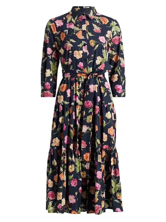 Carolina Herrera Women's Poppy-Print Tiered Midi-Shirtdress - Midnight Multi