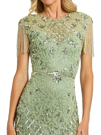 Mac Duggal Women's Petite Embellished Fringe Column Gown - Sage - Size Petite 14 | Thumbnail 3 Mac Duggal Women's Petite Embellished Fringe Column Gown - Sage - Size Petite 14 | Thumbnail 3