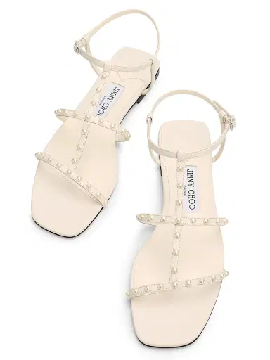 Jimmy Choo Women's Gwyn Pearl-Embellished Leather Flat Sandals - Latte White | Thumbnail 4 Jimmy Choo Women's Gwyn Pearl-Embellished Leather Flat Sandals - Latte White | Thumbnail 4
