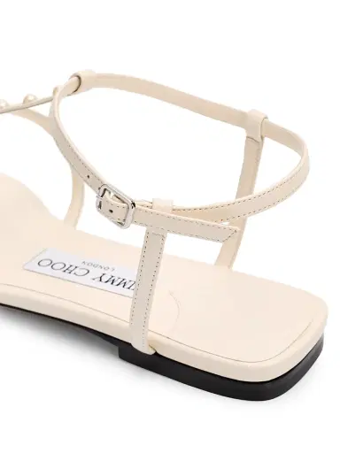 Jimmy Choo Women's Gwyn Pearl-Embellished Leather Flat Sandals - Latte White | Thumbnail 5 Jimmy Choo Women's Gwyn Pearl-Embellished Leather Flat Sandals - Latte White | Thumbnail 5