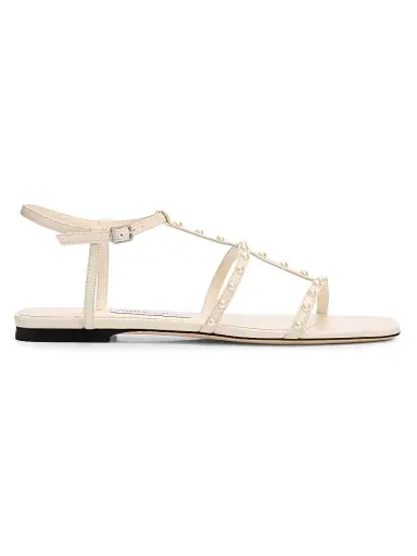Jimmy Choo Women's Gwyn Pearl-Embellished Leather Flat Sandals - Latte White | Thumbnail 1 Jimmy Choo Women's Gwyn Pearl-Embellished Leather Flat Sandals - Latte White | Thumbnail 1