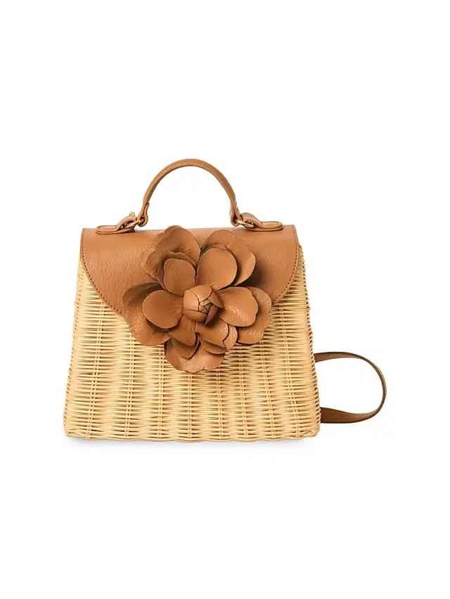 BTB Los Angeles Women's Melody Flower-Appliqué Rattan Top Handle Bag - Natural Chocolate