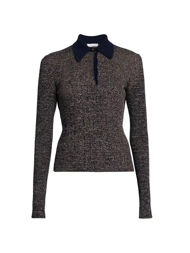 FERRAGAMO Women's Wool-Blend Rib-Knit Long-Sleeve Polo Top - New Navy Corda