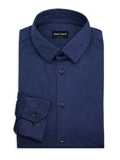 Giorgio Armani Men's Birdseye Cotton-Nylon Shirt - Navy Peony - Size 14 | Thumbnail 1