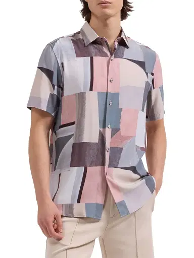 Bugatchi Men's Orson Abstract-Print Button-Front Shirt - Dusty Pink - Size Large | Thumbnail 3