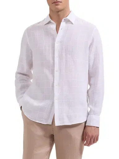 Bugatchi Men's Julian Grid Linen-Cotton Shirt - White - Size XL | Thumbnail 3