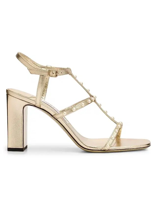 Jimmy Choo Women's Gwyn 85MM Pearl-Embellished Leather T-Strap Sandals - Light Soft Gold White