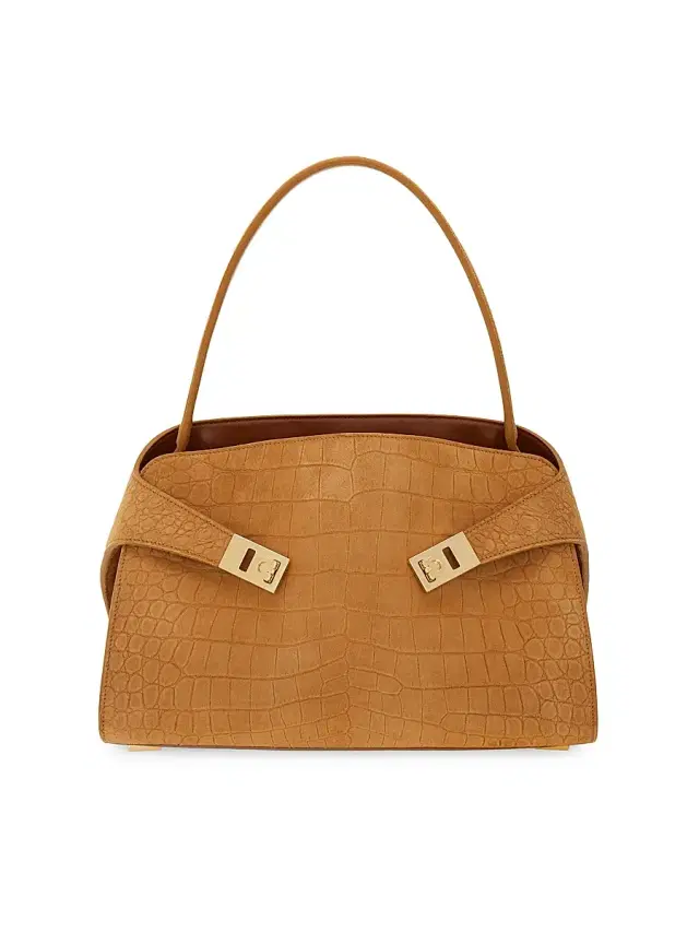 FERRAGAMO Women's Hug Suede Croco-Print Top Handle Bag - Naturale