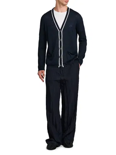 Giorgio Armani Men's Contrast-Trim Linen-Silk Cardigan - Navy | Thumbnail 2 Giorgio Armani Men's Contrast-Trim Linen-Silk Cardigan - Navy | Thumbnail 2
