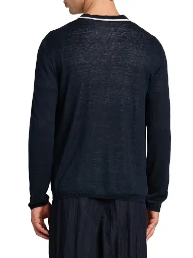 Giorgio Armani Men's Contrast-Trim Linen-Silk Cardigan - Navy | Thumbnail 5 Giorgio Armani Men's Contrast-Trim Linen-Silk Cardigan - Navy | Thumbnail 5