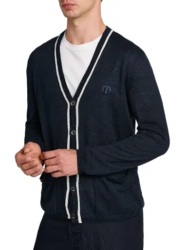 Giorgio Armani Men's Contrast-Trim Linen-Silk Cardigan - Navy | Thumbnail 6 Giorgio Armani Men's Contrast-Trim Linen-Silk Cardigan - Navy | Thumbnail 6