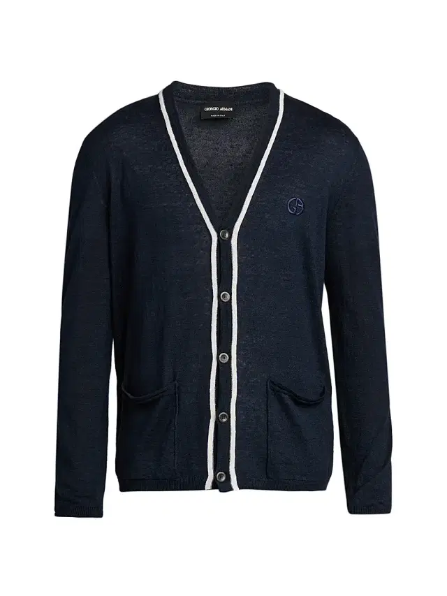 Giorgio Armani Men's Contrast-Trim Linen-Silk Cardigan - Navy