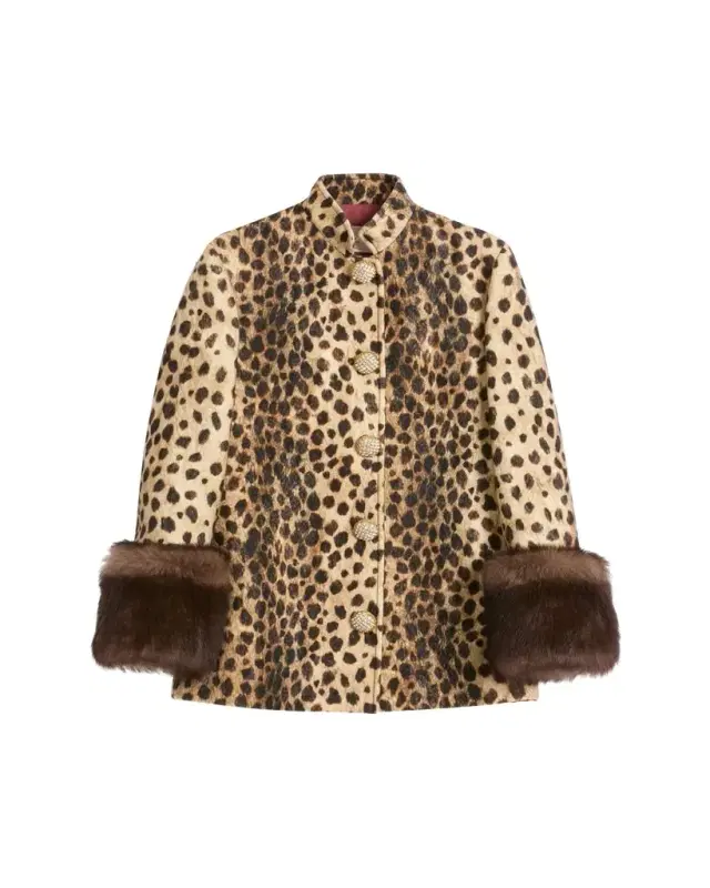 Leopard Faux Fur Cuff Caban Jacket