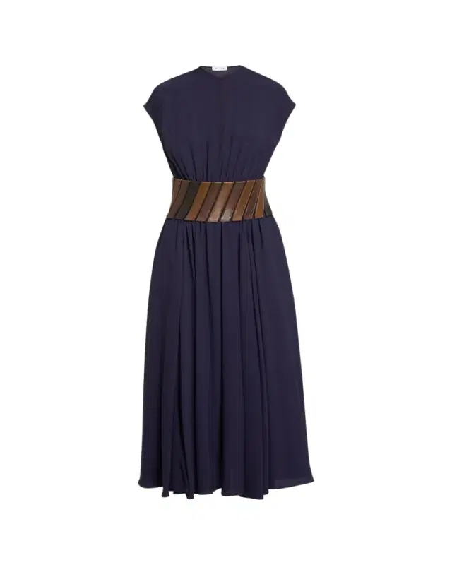 Leather Belted Cap-Sleeve Midi Dress