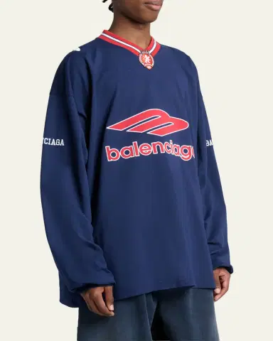 Balenciaga Men's 3B Football Long-Sleeve V-Neck Cotton T-Shirt | Thumbnail 4 Balenciaga Men's 3B Football Long-Sleeve V-Neck Cotton T-Shirt | Thumbnail 4