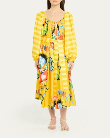Rianna + Nina Tropical Striped Silk Balloon Sleeve Midi Dress | Thumbnail 2 Rianna + Nina Tropical Striped Silk Balloon Sleeve Midi Dress | Thumbnail 2