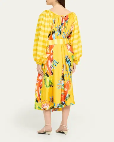 Rianna + Nina Tropical Striped Silk Balloon Sleeve Midi Dress | Thumbnail 3 Rianna + Nina Tropical Striped Silk Balloon Sleeve Midi Dress | Thumbnail 3