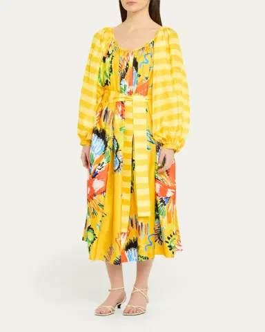 Rianna + Nina Tropical Striped Silk Balloon Sleeve Midi Dress | Thumbnail 4 Rianna + Nina Tropical Striped Silk Balloon Sleeve Midi Dress | Thumbnail 4