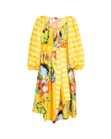 Rianna + Nina Tropical Striped Silk Balloon Sleeve Midi Dress | Thumbnail 1 Rianna + Nina Tropical Striped Silk Balloon Sleeve Midi Dress | Thumbnail 1