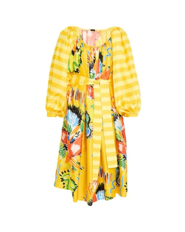Rianna + Nina Tropical Striped Silk Balloon Sleeve Midi Dress