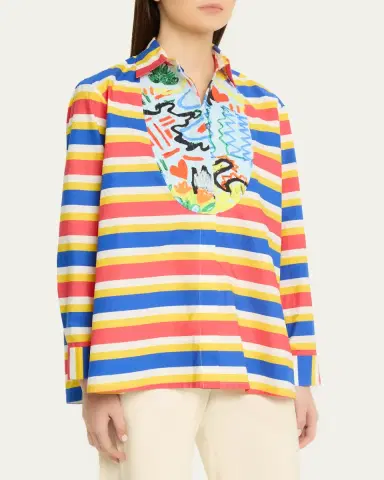 Rianna + Nina Tropica Striped Cotton Bib-Front Collared Shirt | Thumbnail 4 Rianna + Nina Tropica Striped Cotton Bib-Front Collared Shirt | Thumbnail 4