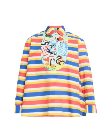 Rianna + Nina Tropica Striped Cotton Bib-Front Collared Shirt | Thumbnail 1 Rianna + Nina Tropica Striped Cotton Bib-Front Collared Shirt | Thumbnail 1