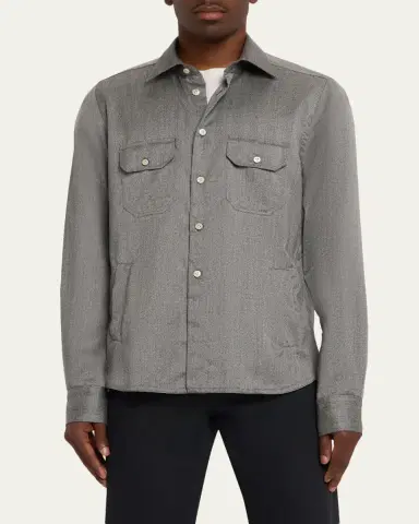 Kiton Men's Cashmere Herringbone Flap-Pocket Overshirt | Thumbnail 4